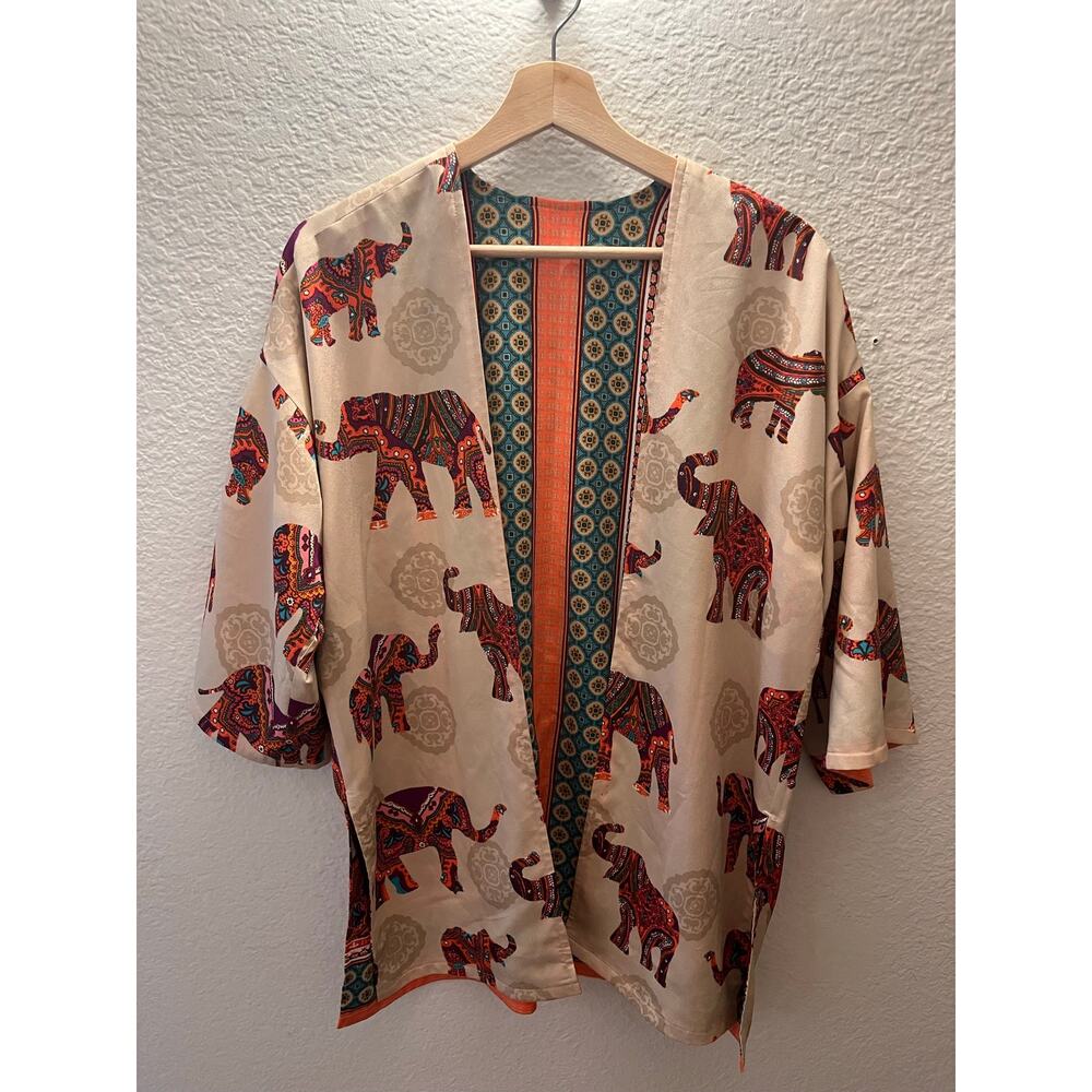 Boho Elephant Print Kimono Cardigan Open Front Paisley Festival Cover Up Large - Picture 5 of 7